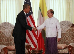 U.S. President Barack Obama shakes hands with Myanmar's President Thein Sein during their meeting in Yangon