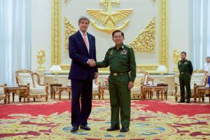 Secretary Kerry Shakes Hands with Myanmar Commander-in-Chief Min Aung Hliang before a Bilateral Meeting at the Commander-in-Chief's Compound in Naypyitaw