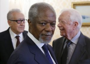 Former U.S. president Jimmy Carter (R), former U.N. Secretary-General Kofi Annan (C) and former Algerian Foreign Minister Lakhdar Brahimi, members of the Elders group, attend a meeting with Russia's Foreign Minister Sergei Lavrov (not in picture) in Moscow, Russia, April 28, 2015. Members of the Elders independent group are global political and public figures, who held top posts in their countries and international organizations, according to the Ministry of Foreign Affairs of Russia official web site. REUTERS/Maxim Shemetov - RTX1AM1E